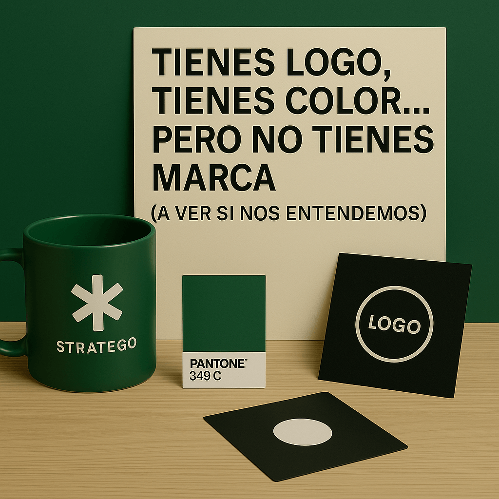 "Pieza de ajedrez de un caballo tallada en mármol con un logotipo en la base, sobre un tablero gris con luz dramática. Representa la diferencia entre identidad visual y estrategia de marca."