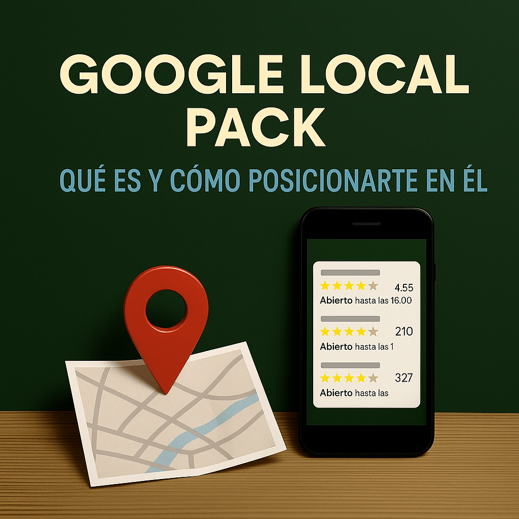 Imagen conceptual del Google Local Pack con mapa, móvil y reseñas, sobre fondo verde oscuro corporativo de Stratego.