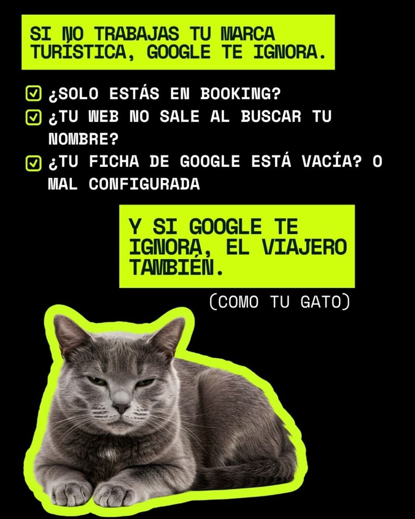 Cartel con gato gris y advertencias sobre Booking, web sin posicionar y ficha de Google mal configurada. Si Google ignora tu marca turística, el viajero también.