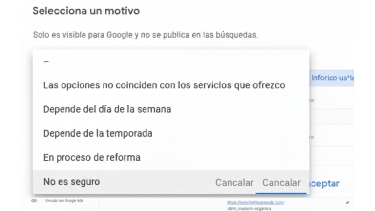 Opciones de motivo en Google Business Profile para alojamientos turísticos