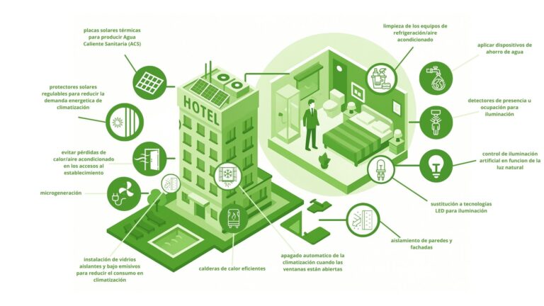 Hotel sostenible con medidas de eficiencia energética y ahorro de agua