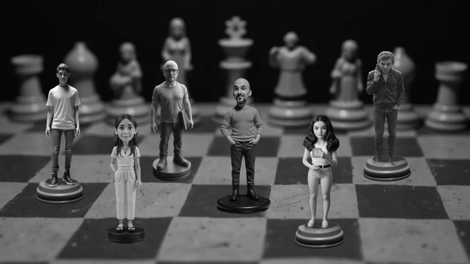 Equipo de Stratego Estudio representado como figuras de ajedrez. Agencia de publicidad y marketing en Pontevedra.